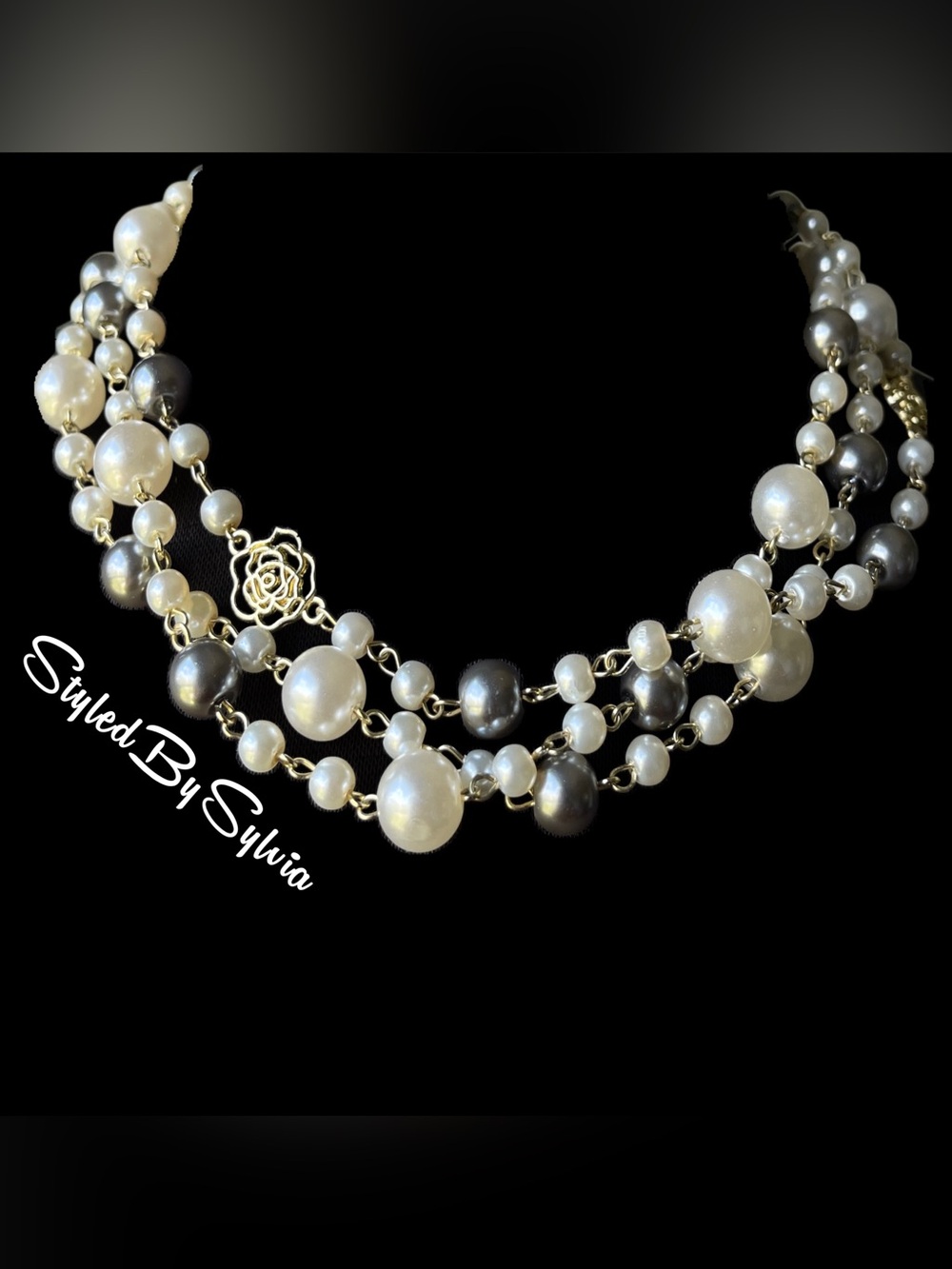 CAMELLIA Flower Detail Pearl & Gray  EXTRA LONG 30 Inch Necklace